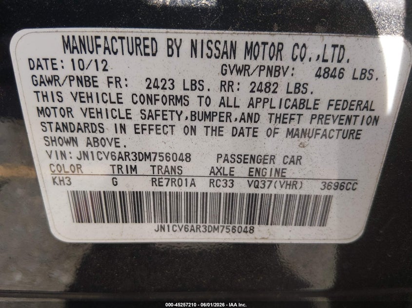 2013 Infiniti G VIN JN1CV6AR3DM756048 IAAI salvage auction — LEFT SIDE, Salvage Title, sold $275 on 2026-07-14 (photo 9)