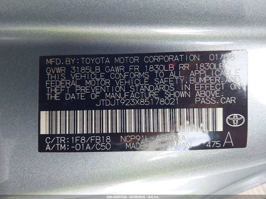 2008 Toyota Yaris VIN JTDJT923X85178021 IAAI salvage auction — NORMAL WEAR, Clear (Florida), sold $550 on 2026-07-21 (photo 9)