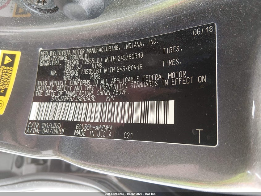 2018 Toyota Highlander VIN 5TDJZRFH7JS883430 IAAI salvage auction — UNKNOWN, Salvage Title, sold $5,000 on 2026-07-09 (photo 9)