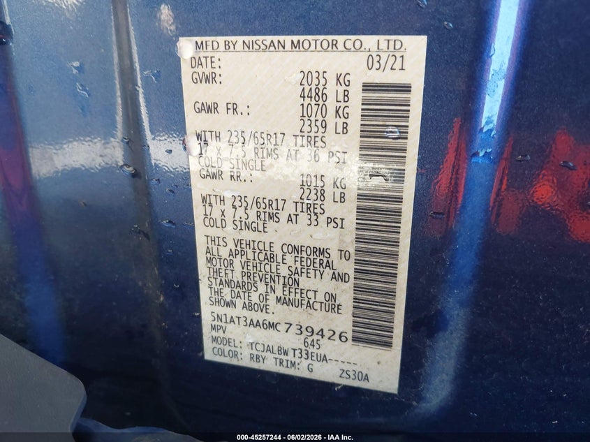 2021 Nissan Rogue VIN 5N1AT3AA6MC739426 IAAI salvage auction — FRONT END, Salvage Title, sold $3,500 on 2026-07-31 (photo 9)