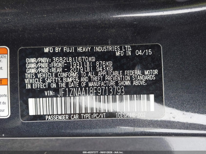 2015 Scion Fr-s VIN JF1ZNAA18F9713793 IAAI salvage auction — FRONT END, Wait Title, sold $875 on 2026-10-01 (photo 9)
