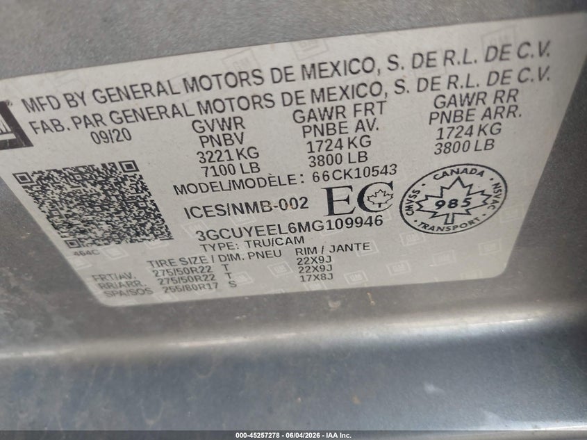 2021 Chevrolet Silverado VIN 3GCUYEEL6MG109946 IAAI salvage auction — FRONT END, Salvage Title, sold $7,600 on 2026-07-18 (photo 9)