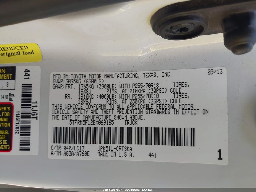 2014 Toyota Tundra VIN 5TFRM5F12EX069165 IAAI salvage auction — FRONT END, Clear (Oklahoma), sold $3,750 on 2026-07-29 (photo 9)