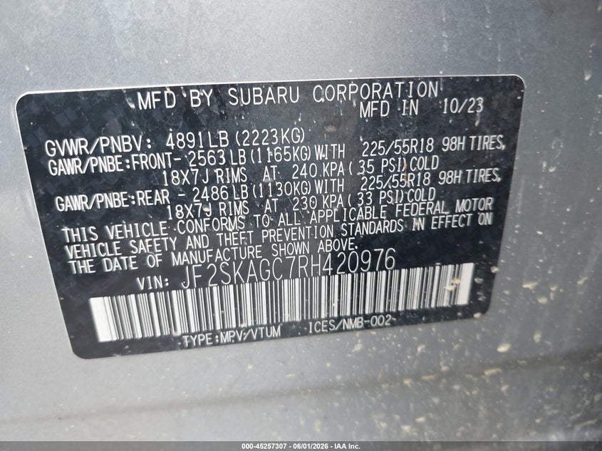 2024 Subaru Forester VIN JF2SKAGC7RH420976 IAAI salvage auction — STRIPPED, Salvage Title, sold $17,300 on 2026-07-07 (photo 9)