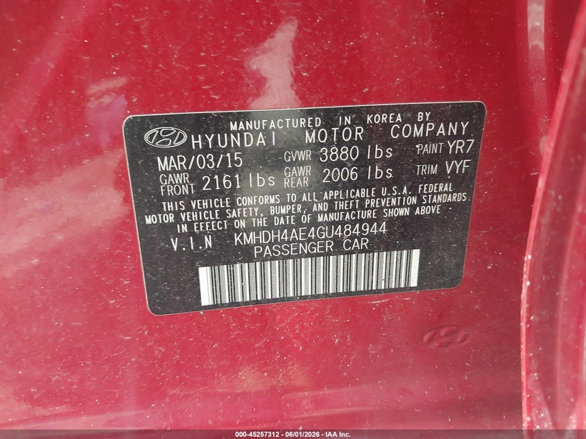 2016 Hyundai Elantra VIN KMHDH4AE4GU484944 IAAI salvage auction — FRONT & REAR, Salvage Title, sold $700 on 2026-07-08 (photo 9)