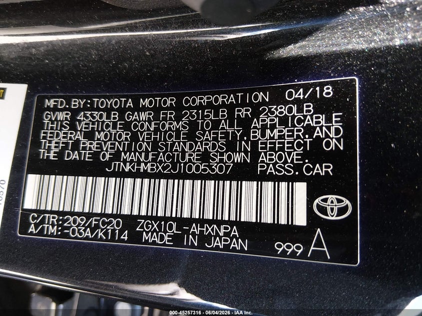 2018 Toyota C-hr VIN JTNKHMBX2J1005307 IAAI salvage auction — FRONT & REAR, Salvage Title, sold $3,700 on 2026-07-20 (photo 9)