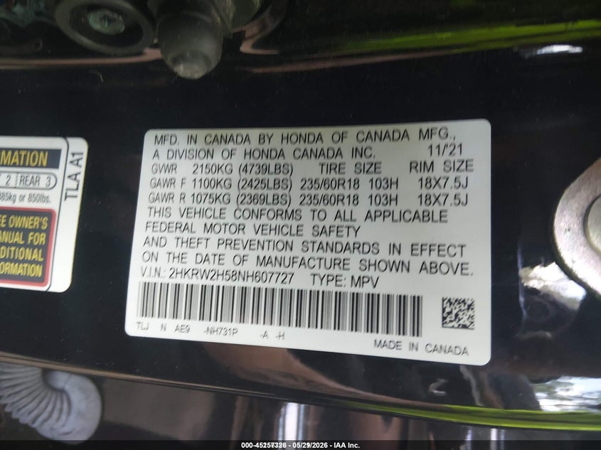 2022 Honda Cr-v VIN 2HKRW2H58NH607727 IAAI salvage auction — FRONT & REAR, Salvage Title, sold $8,600 on 2026-07-25 (photo 9)