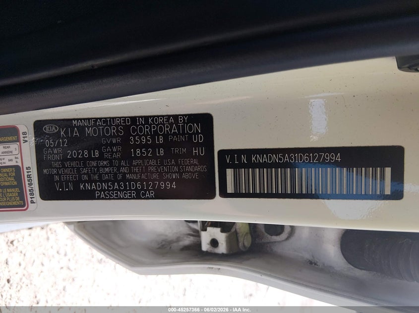 2013 Kia Rio VIN KNADN5A31D6127994 IAAI salvage auction — LEFT FRONT, Salvage Title, sold $275 on 2026-07-21 (photo 9)