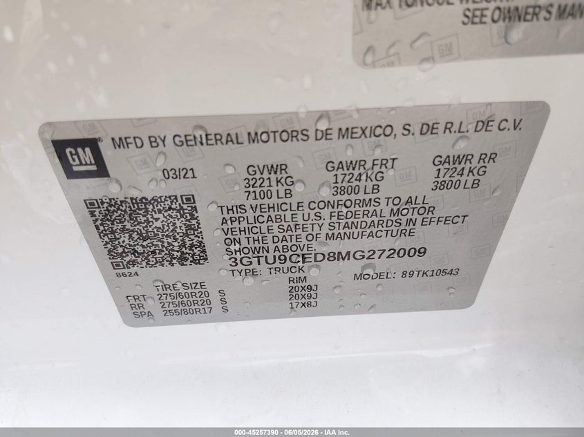 2021 Gmc SIERRA VIN 3GTU9CED8MG272009 IAAI salvage auction — REAR END, Clear (Kansas), sold $13,100 on 2026-08-28 (photo 9)