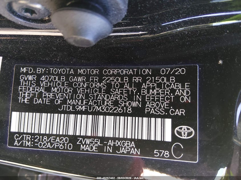 2021 Toyota Prius VIN JTDL9MFU7M3022618 IAAI salvage auction — REAR END, Salvage Title, sold $5,900 on 2026-07-11 (photo 9)