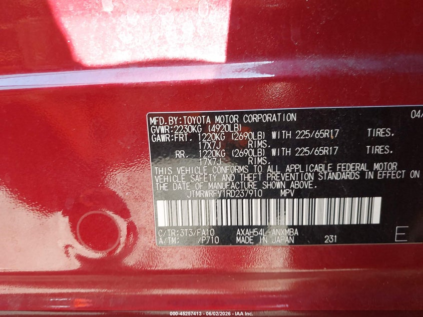 2024 Toyota Rav 4 VIN JTMRWRFV1RD237910 IAAI salvage auction — REAR END, Salvage Title, sold $11,250 on 2026-07-22 (photo 9)