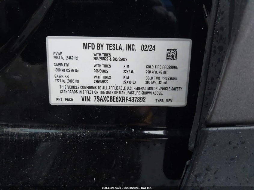 2024 Tesla Model x VIN 7SAXCBE6XRF437892 IAAI salvage auction — FRONT END, Original (Texas), sold $17,000 on 2026-07-09 (photo 9)