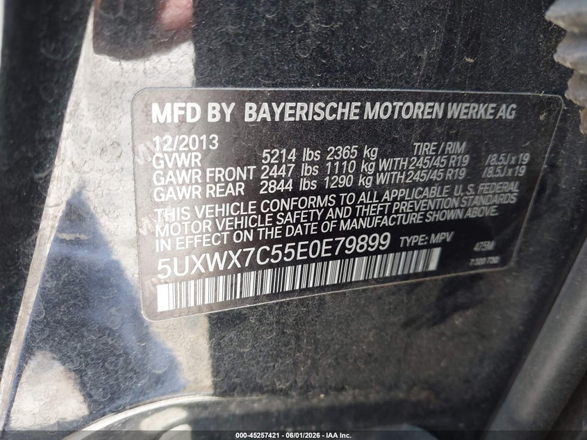 2014 BMW X3 VIN 5UXWX7C55E0E79899 IAAI salvage auction — RIGHT FRONT, Salvage Title, sold $975 on 2026-07-23 (photo 9)