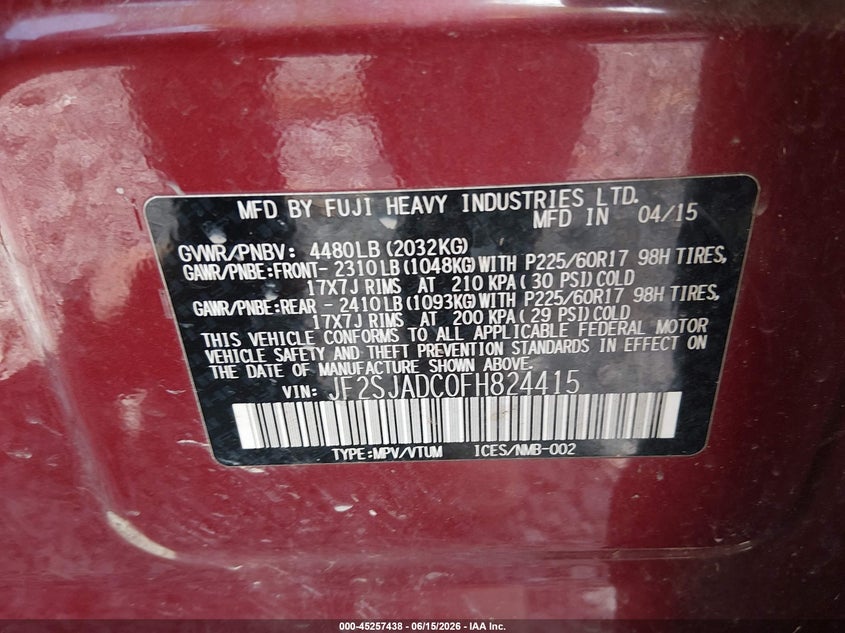 2015 Subaru Forester VIN JF2SJADC0FH824415 IAAI salvage auction — RIGHT FRONT, Salvage (West Virginia), sold $450 on 2026-07-24 (photo 9)