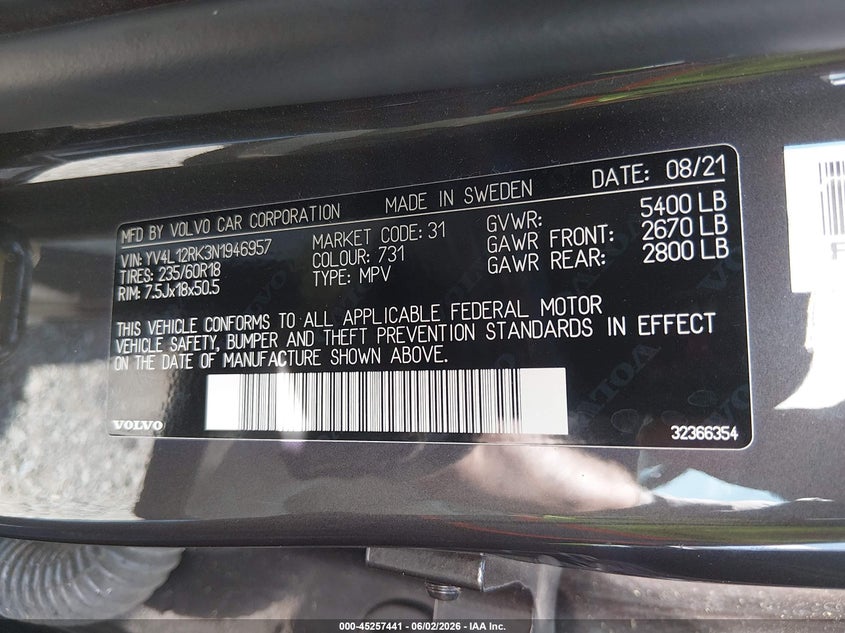 2022 Volvo Xc60 VIN YV4L12RK3N1946957 IAAI salvage auction — FRONT END, Salvage Title, sold $5,300 on 2026-08-19 (photo 9)