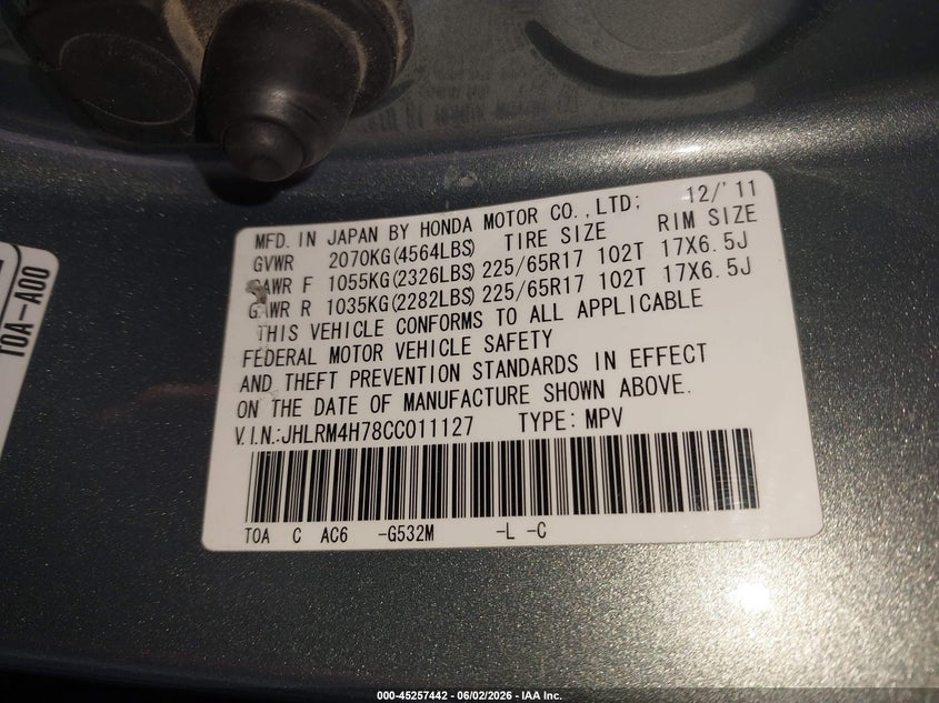2012 Honda Cr-v VIN JHLRM4H78CC011127 IAAI salvage auction — HAIL, Salvage Title, sold $4,400 on 2026-07-13 (photo 9)