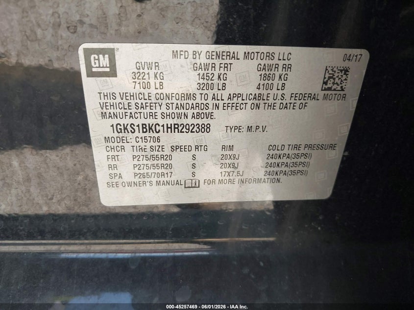 2017 Gmc Yukon VIN 1GKS1BKC1HR292388 IAAI salvage auction — FRONT END, Salvage Title, sold $4,850 on 2026-07-22 (photo 9)