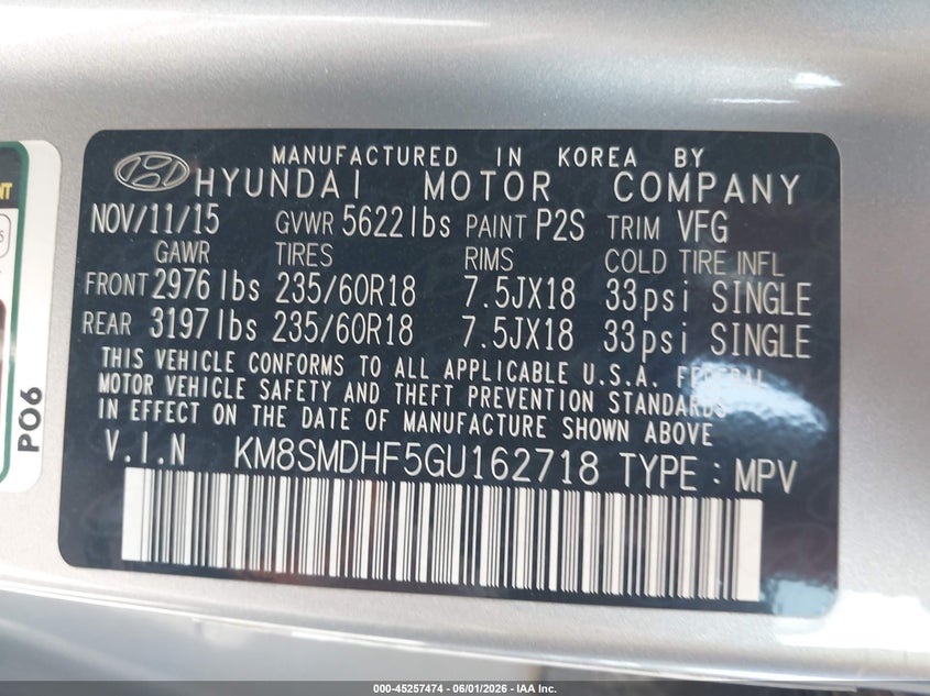 2016 Hyundai Santa fe VIN KM8SMDHF5GU162718 IAAI salvage auction — FRONT END, Salvage Title, sold $475 on 2026-07-20 (photo 9)
