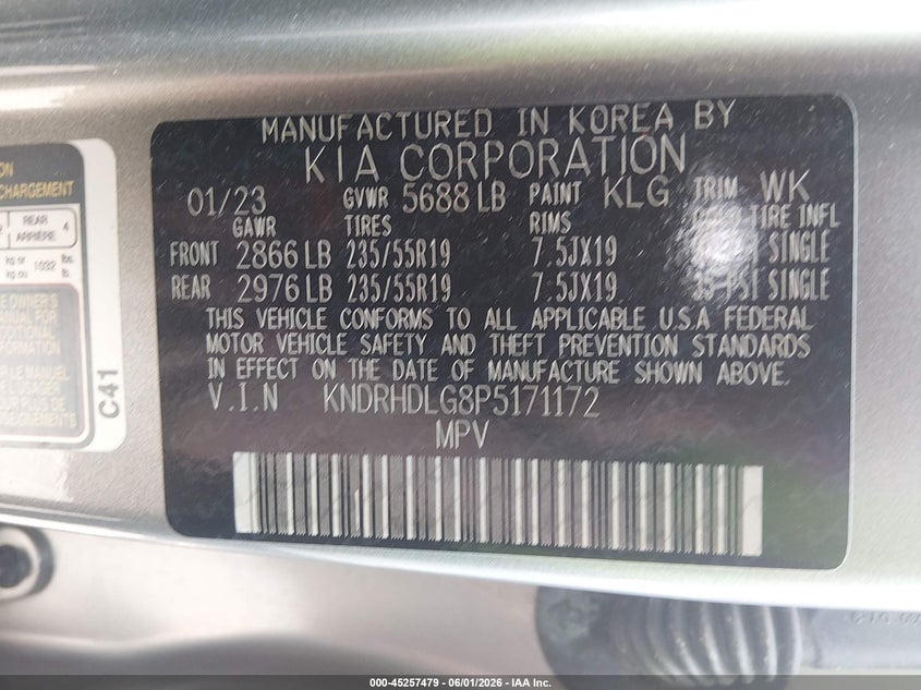 2023 Kia VIN KNDRHDLG8P5171172 IAAI salvage auction — HAIL, Salvage Title, sold $15,250 on 2026-07-07 (photo 9)