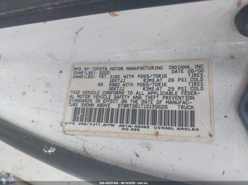 2001 Toyota Tundra VIN 5TBRT38171S135626 IAAI salvage auction — BIOHAZARD/CHEMICAL, Repossession Paperwork (Georgia), sold $75 on 2026-07-29 (photo 9)