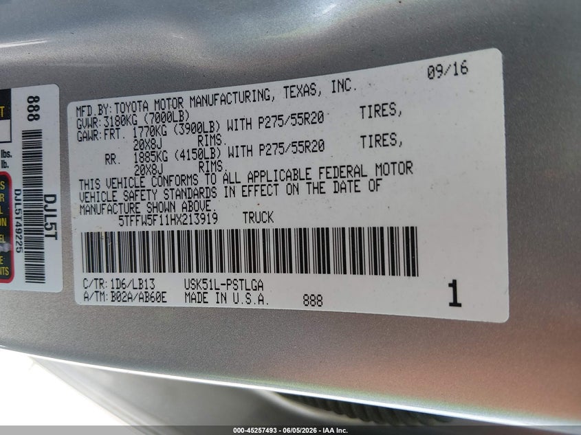 2017 Toyota Tundra VIN 5TFFW5F11HX213919 IAAI salvage auction — FRONT END, Salvage Title, sold $13,950 on 2026-07-14 (photo 9)
