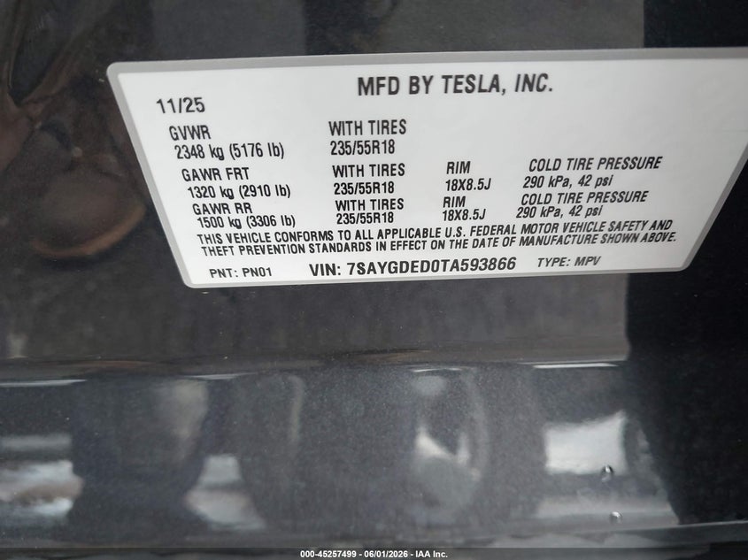 2026 Tesla Model y VIN 7SAYGDED0TA593866 IAAI salvage auction — REAR END, Salvage Title, sold $17,350 on 2026-07-23 (photo 9)