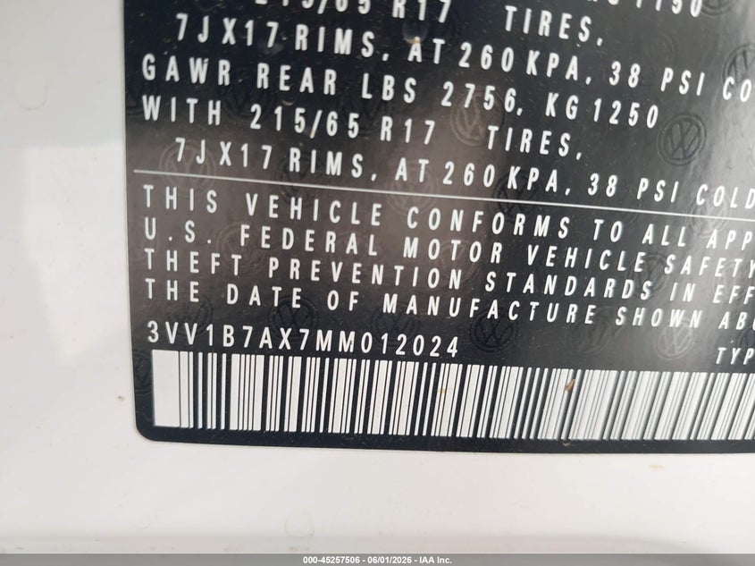 2021 Volkswagen Tiguan VIN 3VV1B7AX7MM012024 IAAI salvage auction — LEFT FRONT, Salvage (Texas), sold $4,050 on 2026-08-10 (photo 9)