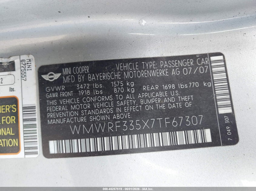 2007 Mini Cooper VIN WMWRF335X7TF67307 IAAI salvage auction — FRONT & REAR, Salvage (Massachusetts), sold $400 on 2026-07-10 (photo 9)