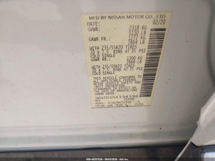 2020 Nissan Murano VIN 5N1AZ2CJ7LN134596 IAAI salvage auction — LEFT REAR, Original (Texas), sold $8,675 on 2026-08-14 (photo 9)