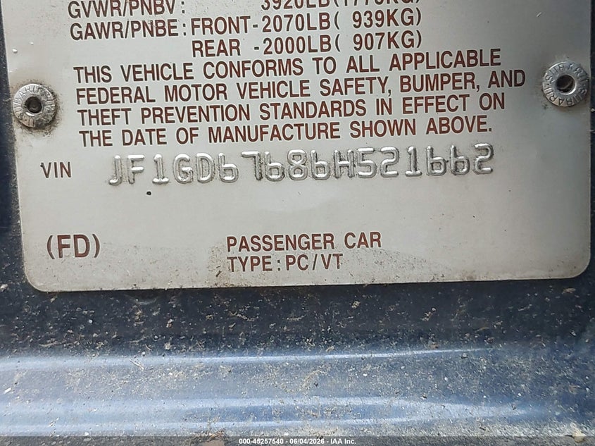 2006 Subaru Impreza VIN JF1GD67686H521662 IAAI salvage auction — NORMAL WEAR, Clear (Maryland), sold $450 on 2026-07-21 (photo 9)