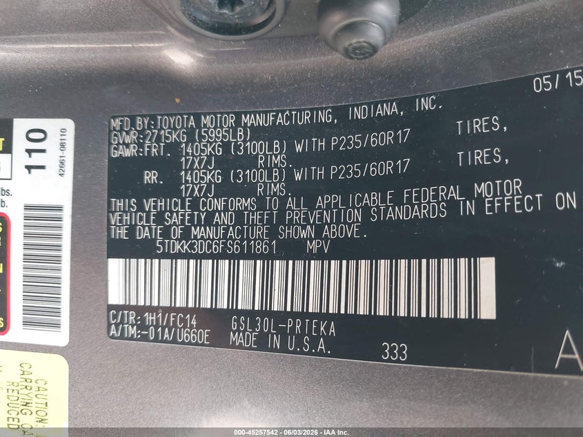 2015 Toyota Sienna VIN 5TDKK3DC6FS611861 IAAI salvage auction — REAR END, Salvage Title, sold $1,800 on 2026-07-08 (photo 9)