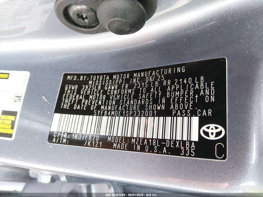 2025 Toyota Corolla VIN 5YFB4MDE1SP332001 IAAI salvage auction — RIGHT REAR, Salvage Title, sold $4,050 on 2026-07-29 (photo 9)