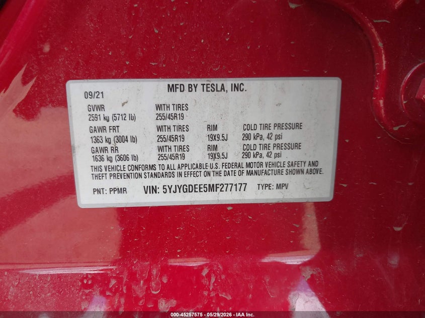 2021 Tesla Model y VIN 5YJYGDEE5MF277177 IAAI salvage auction — FRONT END, Salvage Title, sold $8,000 on 2026-07-10 (photo 9)