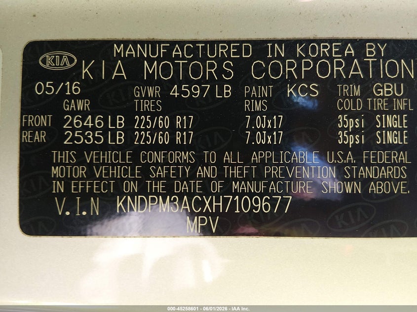 2017 Kia Sportage VIN KNDPM3ACXH7109677 IAAI salvage auction — RIGHT FRONT, Salvage (South Carolina), sold $2,600 on 2026-07-07 (photo 9)