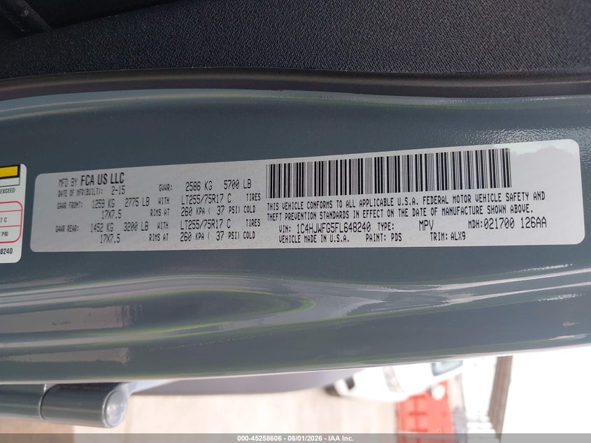 2015 Jeep Wrangler / VIN 1C4HJWFG5FL648240 IAAI salvage auction — LEFT REAR, Salvage Title, sold $7,700 on 2026-07-28 (photo 9)