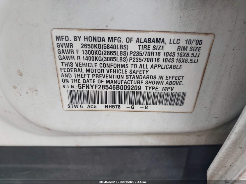 2006 Honda Pilot VIN 5FNYF28546B009209 IAAI salvage auction — NORMAL WEAR, Original (Texas), sold $375 on 2026-07-05 (photo 9)