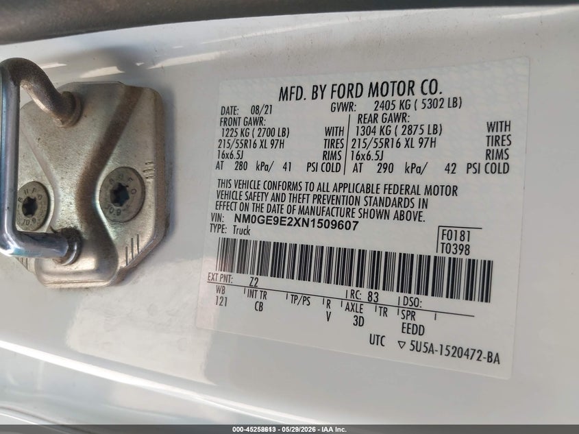 2022 Ford Transit connect VIN NM0GE9E2XN1509607 IAAI salvage auction — LEFT & RIGHT, Sf97 (Texas), sold $14,650 on 2026-07-07 (photo 9)