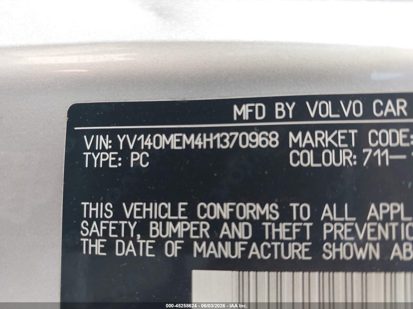 2017 Volvo V60 VIN YV140MEM4H1370968 IAAI salvage auction — FRONT END, Salvage Title, sold $1,375 on 2026-07-27 (photo 9)