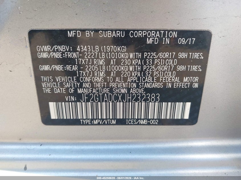 2018 Subaru VIN JF2GTADCXJH232383 IAAI salvage auction — RIGHT SIDE, Salvage Title, sold $1,800 on 2026-07-15 (photo 9)