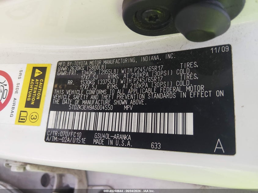 2010 Toyota Highlander VIN 5TDZK3EH9AS004550 IAAI salvage auction — RIGHT FRONT, Salvage (South Carolina), sold $450 on 2026-07-28 (photo 9)
