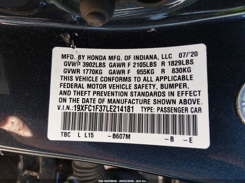 2020 Honda Civic VIN 19XFC1F37LE214181 IAAI salvage auction — REAR END, Salvage Title, sold $5,200 on 2026-07-12 (photo 9)