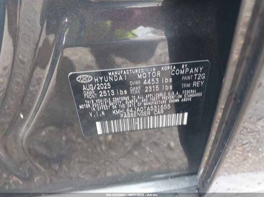 2026 Hyundai Sonata VIN KMHL64JA0TA531655 IAAI salvage auction — REAR END, Salvage Title, sold $9,200 on 2026-07-07 (photo 9)