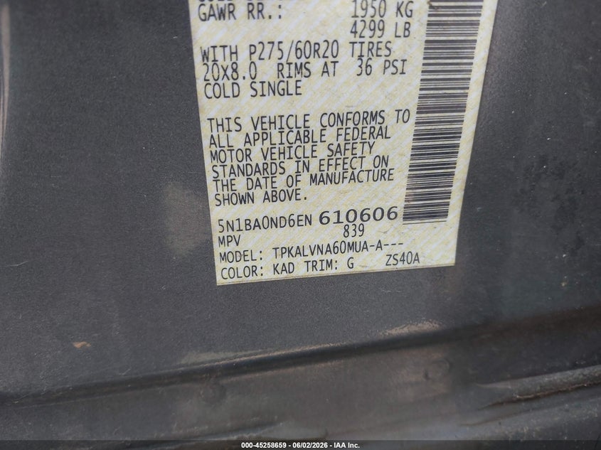 2014 Nissan Armada VIN 5N1BA0ND6EN610606 IAAI salvage auction — LEFT FRONT, Salvage Title, sold $400 on 2026-07-09 (photo 9)