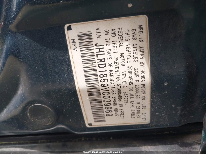 1997 Honda Cr-v VIN JHLRD1859VC039969 IAAI salvage auction — NORMAL WEAR, Clear (Virginia), sold $775 on 2026-07-14 (photo 9)