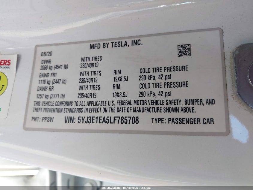 2020 Tesla Model 3 VIN 5YJ3E1EA5LF785708 IAAI salvage auction — FRONT & REAR, Salvage (Oklahoma), sold $2,950 on 2026-09-08 (photo 9)