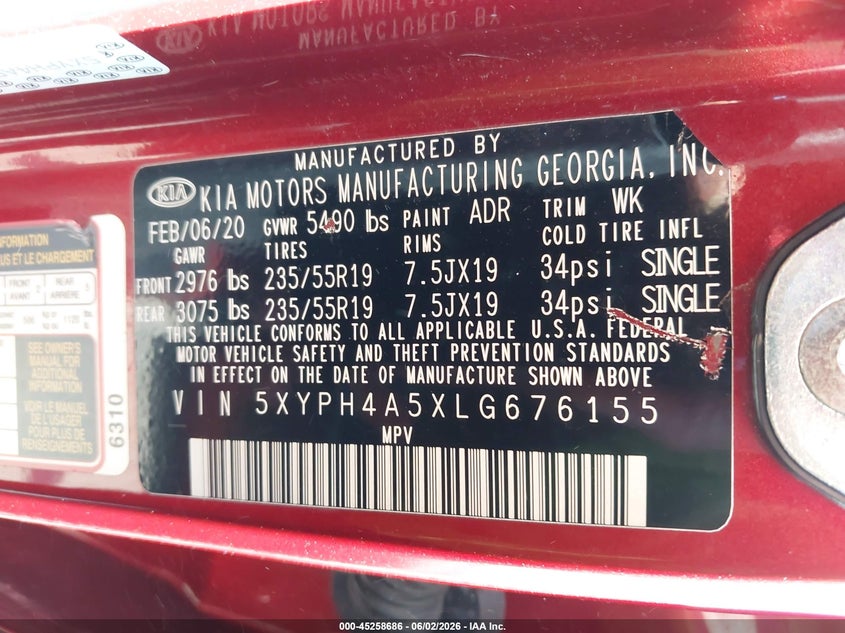 2020 Kia Sorento VIN 5XYPH4A5XLG676155 IAAI salvage auction — ROLLOVER, Salvage Title, sold $2,450 on 2026-07-22 (photo 9)