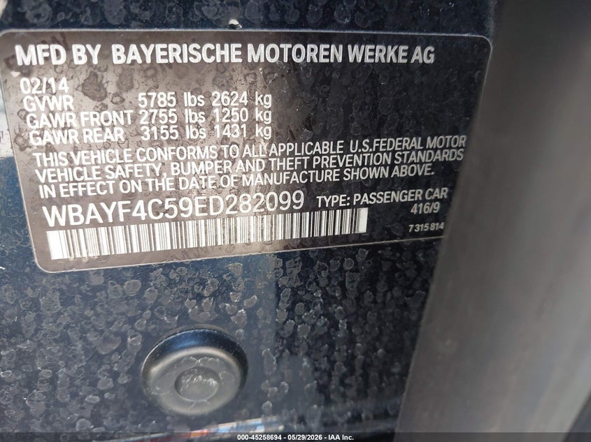 2014 BMW 7er VIN WBAYF4C59ED282099 IAAI salvage auction — FRONT END, Salvage Title, sold $2,350 on 2026-07-08 (photo 9)