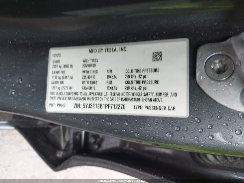 2023 Tesla Model 3 VIN 5YJ3E1EB1PF712270 IAAI salvage auction — REAR END, Salvage (North Carolina), sold $8,550 on 2026-07-30 (photo 9)