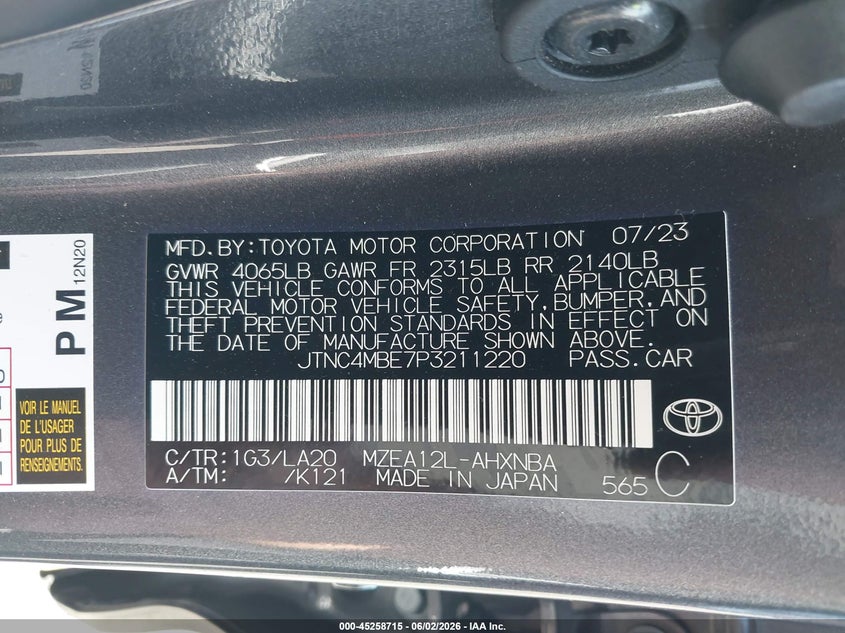 2023 Toyota Corolla VIN JTNC4MBE7P3211220 IAAI salvage auction — LEFT & RIGHT, Salvage Title, sold $4,750 on 2026-07-31 (photo 9)