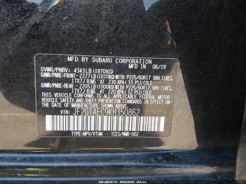 2019 Subaru Xv VIN JF2GTAEC9KH350862 IAAI salvage auction — FRONT END, Salvage Title, sold $2,825 on 2026-07-16 (photo 9)